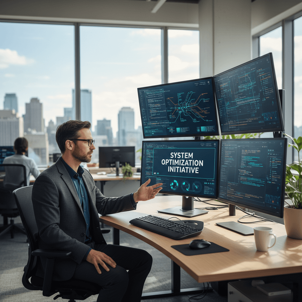 IT consultant at desk with computer monitors